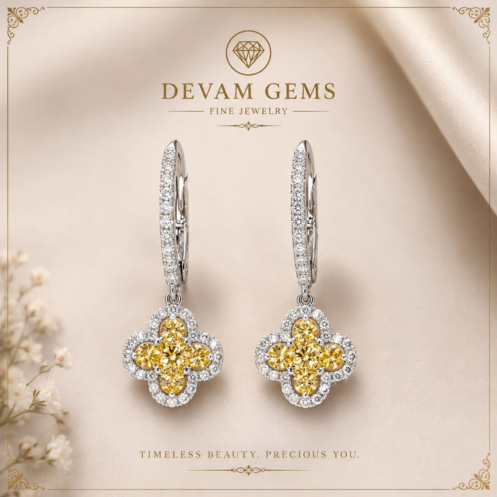 Luxury Yellow Diamond Clover Drop Earrings