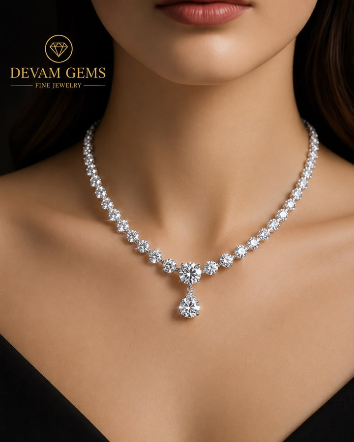 Round & Pear Diamond Drop Tennis Necklace