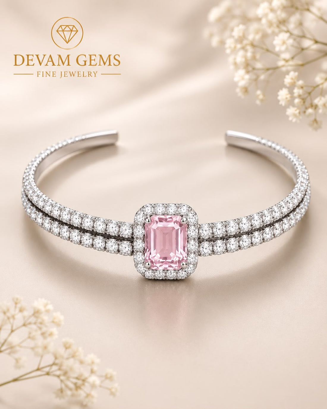 Pink Emerald-Cut Halo Diamond Cuff Bracelet