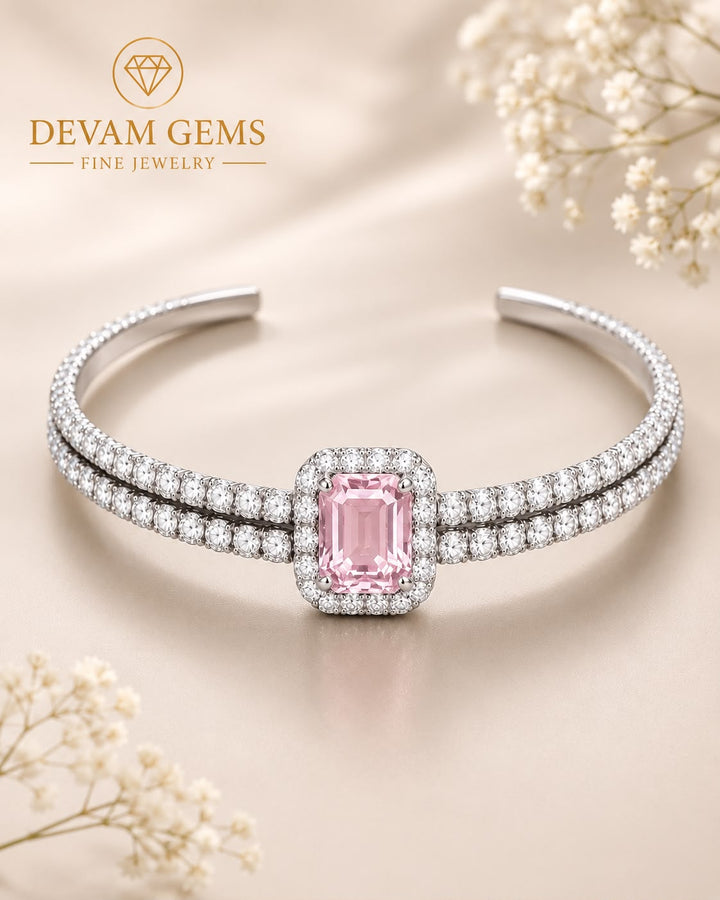 Pink Emerald-Cut Halo Diamond Cuff Bracelet