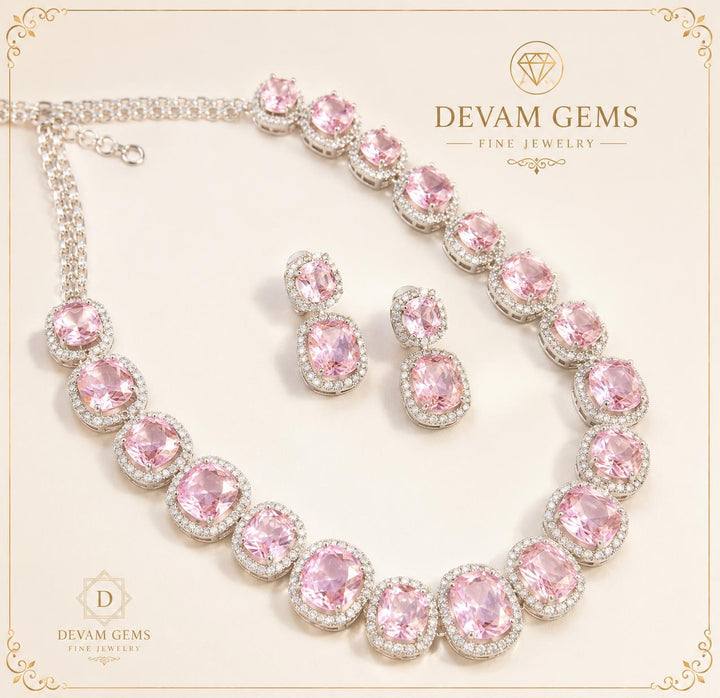 Elegant Pink Gemstone Necklace & Earrings Set | Devam Gems Fine Jewelry