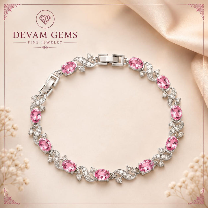 Elegant Pink Oval Gemstone Tennis Bracelet in Sterling Silver