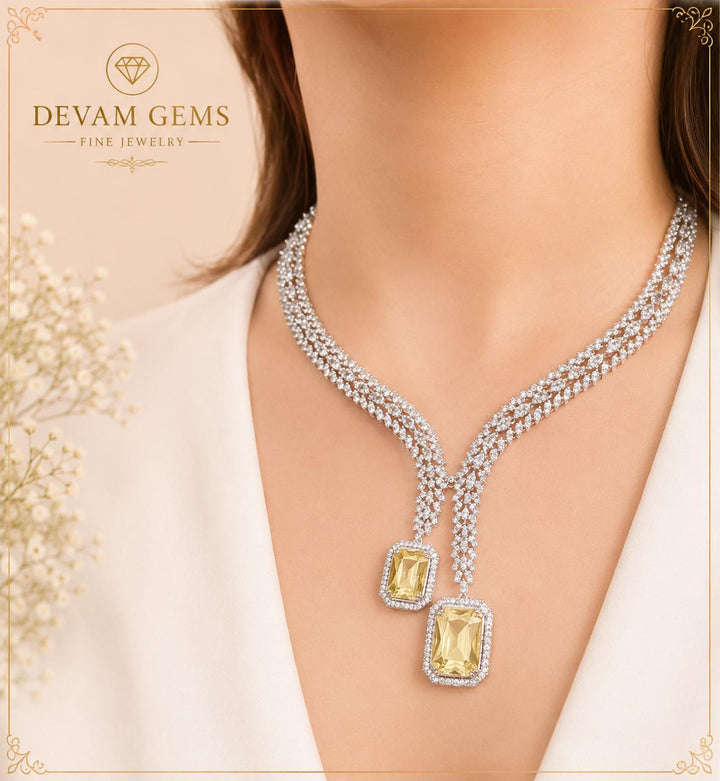 Luxury Citrine Double-Pendant Lariat Necklace in Sterling Silver