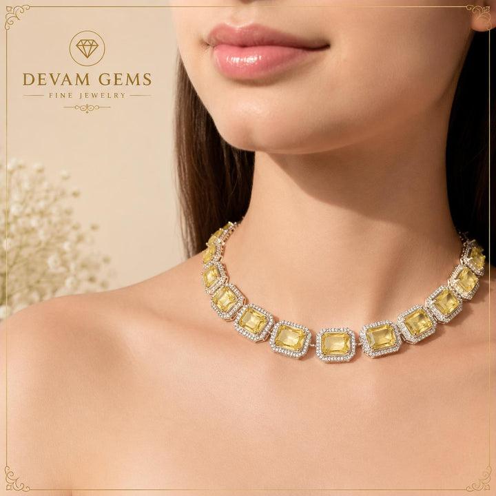 Luxury Citrine Emerald-Cut Tennis Necklace in Sterling Silver