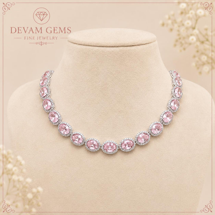 Elegant Pink Oval Halo Tennis Necklace in Sterling Silver