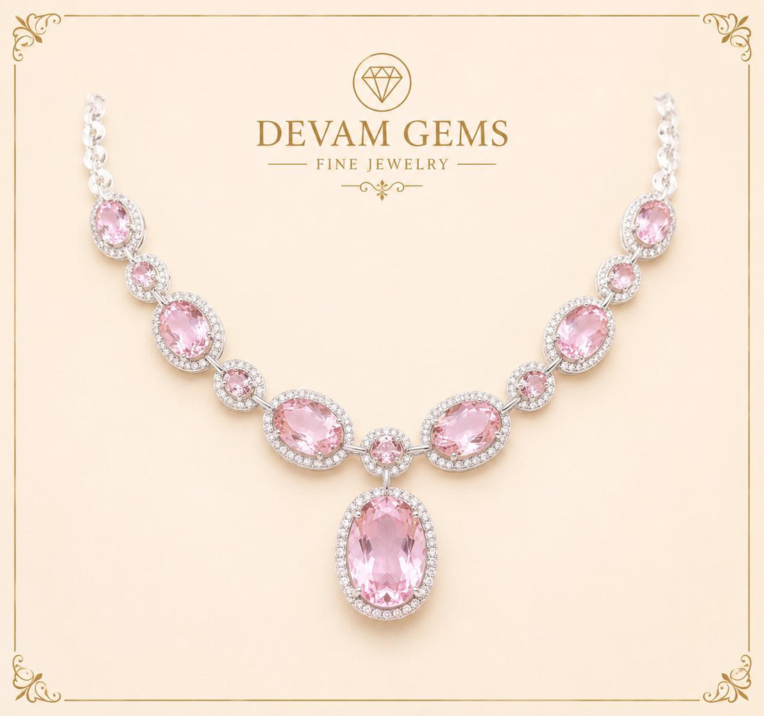 Blush Pink Gemstone Halo Necklace – Elegant Luxury Statement Piece