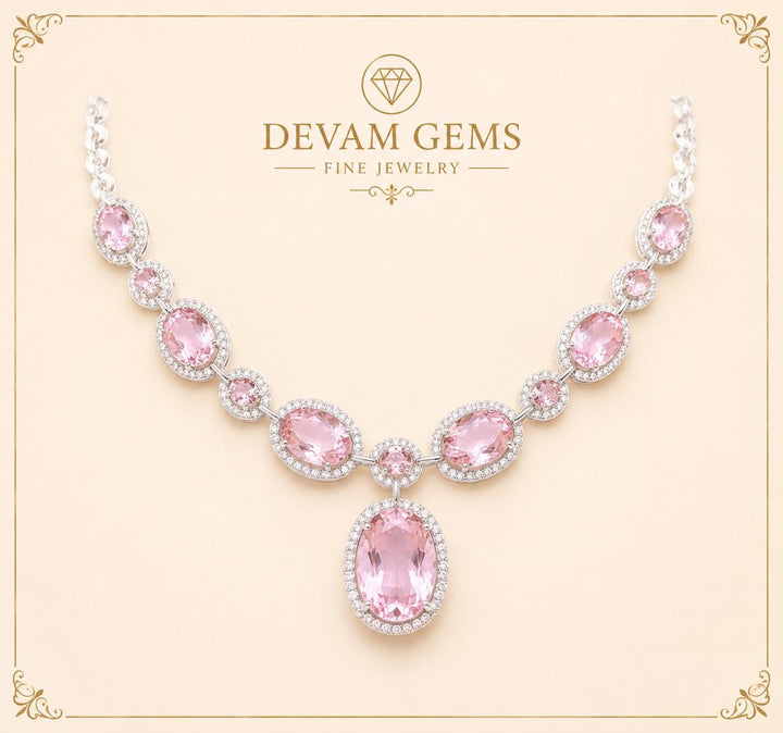Blush Pink Gemstone Halo Necklace – Elegant Luxury Statement Piece