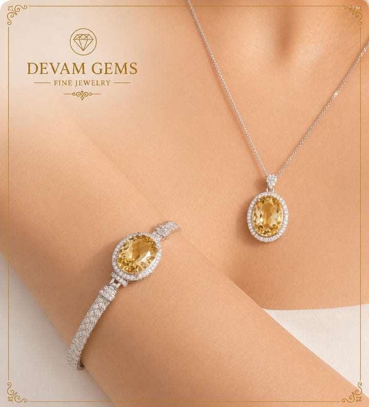Elegant Citrine Halo Pendant & Bracelet Jewelry Set in Sterling Silver
