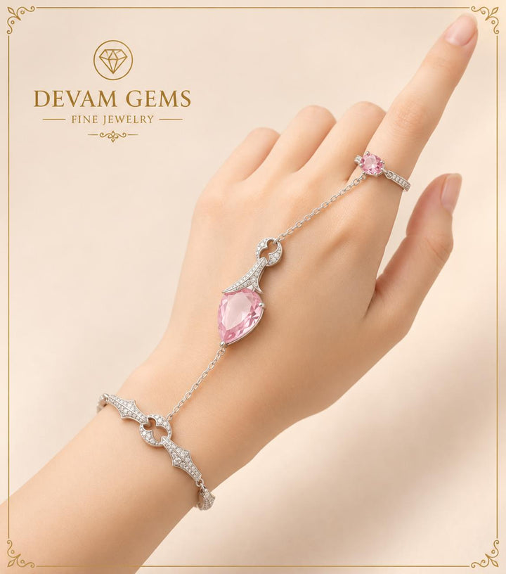 Elegant Pink Gemstone Hand Harness Bracelet & Ring Set in Sterling Silver