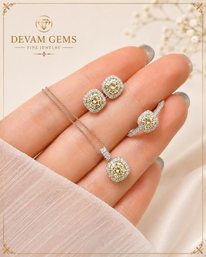Champagne Halo Jewelry Set in Sterling Silver – Pendant, Stud Earrings & Ring