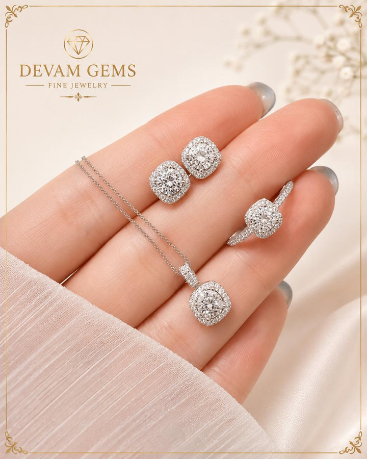 Classic Halo Jewelry Set in Sterling Silver – Pendant, Stud Earrings & Ring