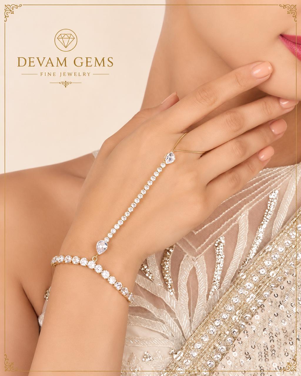 Elegant Heart Crystal Hand Harness Bracelet in Gold Finish