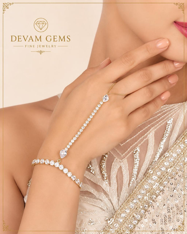 Elegant Heart Crystal Hand Harness Bracelet in Gold Finish