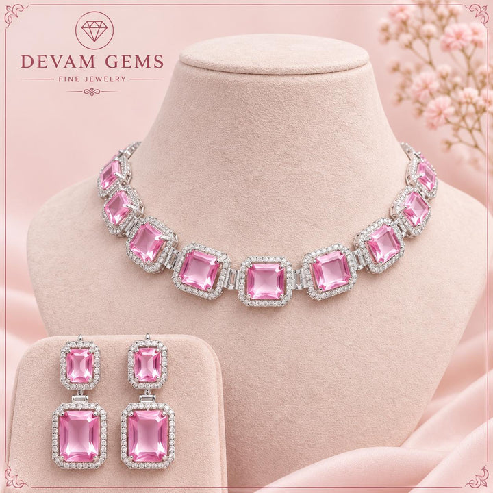 Elegant Pink Gemstone Diamond Necklace & Earrings Set | Devam Gems Fine Jewelry