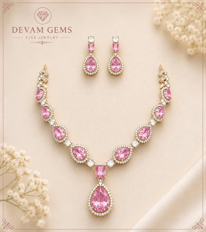Pink Gemstone Diamond Necklace & Earrings Set | Devam Gems Fine Jewelry
