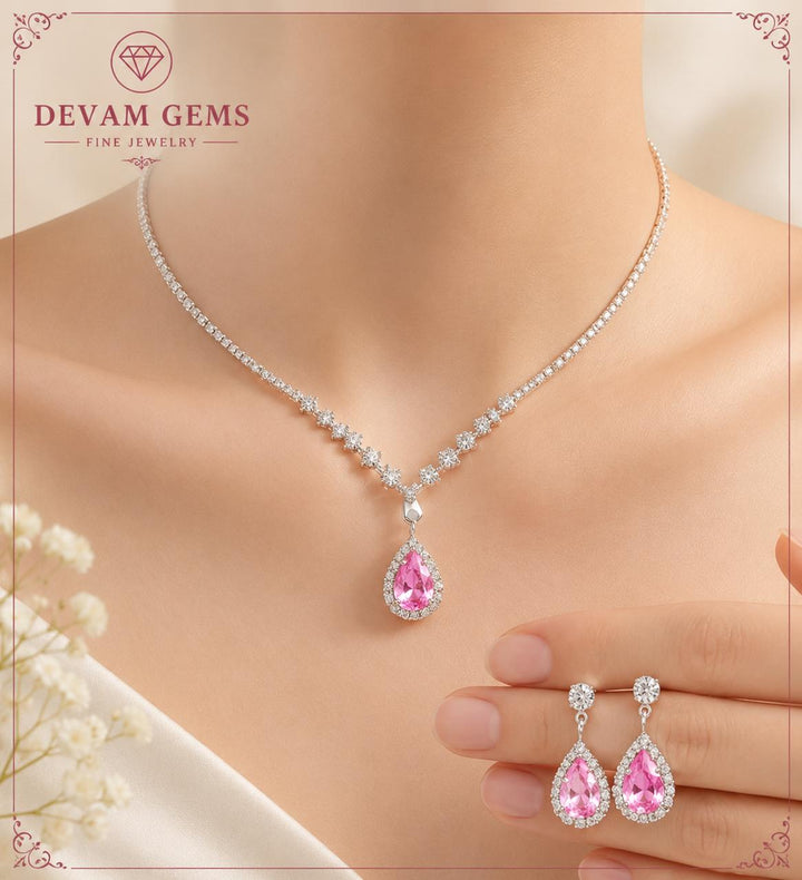 Pink Sapphire Teardrop Necklace & Earrings Set | Timeless Diamond Elegance
