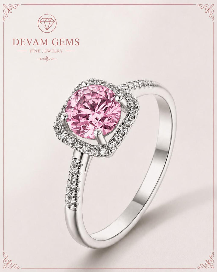 Blush Pink Halo Solitaire Ring – Timeless Sparkle | Devam Gems