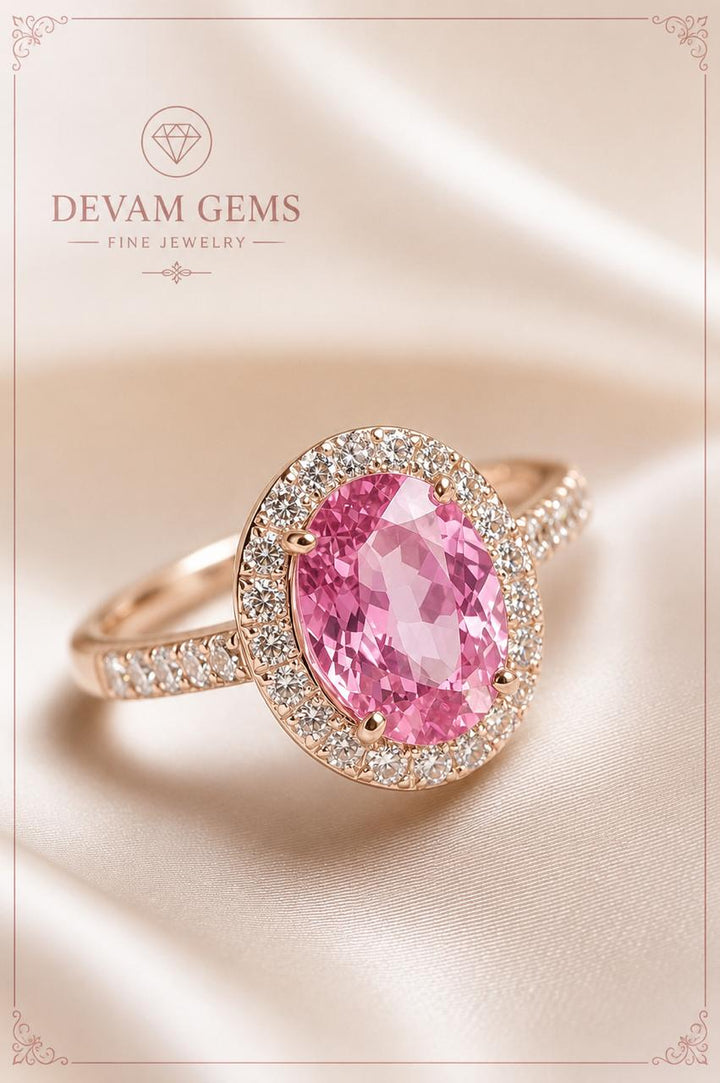 Rose Pink Oval Halo Ring