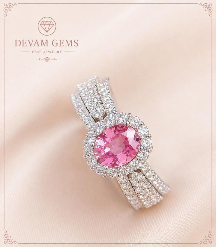 Pink Floral Halo Bridal Ring Set