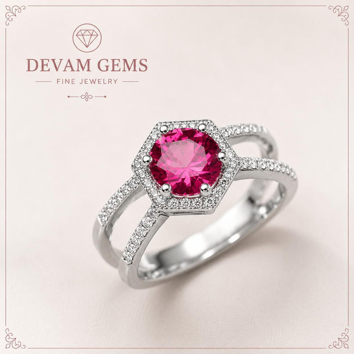 Radiant Pink Sapphire Halo Ring | Modern Elegance by Devam Gems