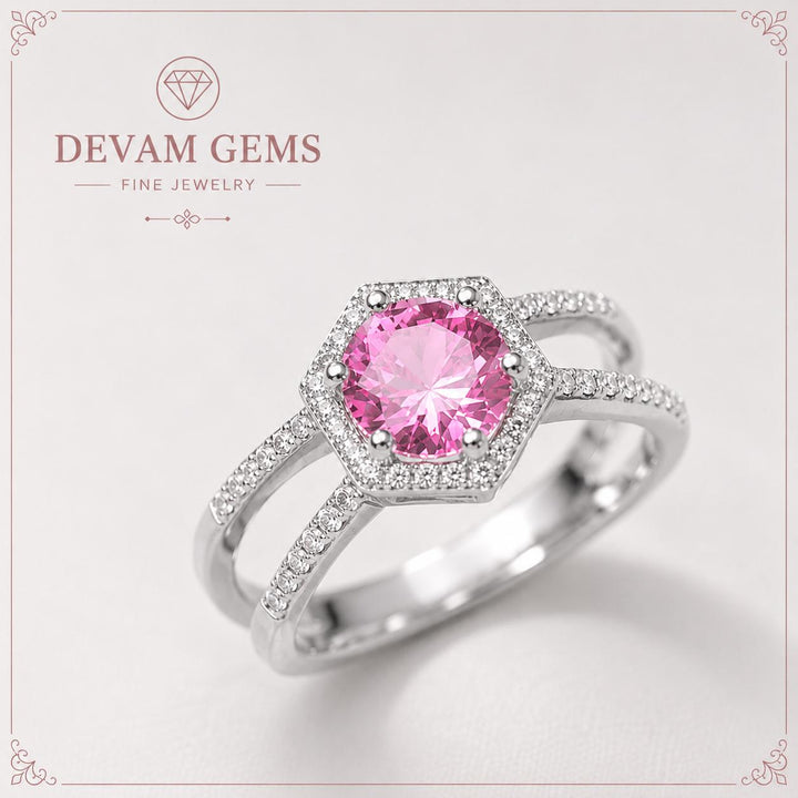 Blush Pink Sapphire Halo Ring | Elegant Diamond Split-Shank Design