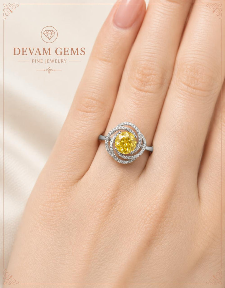 Yellow Sapphire Halo Ring | Radiant Elegance by Devam Gems