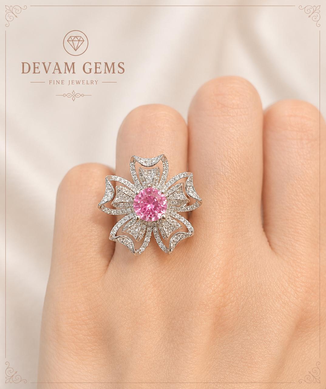 Blooming Pink daimond Floral Statement Ring | Devam Gems