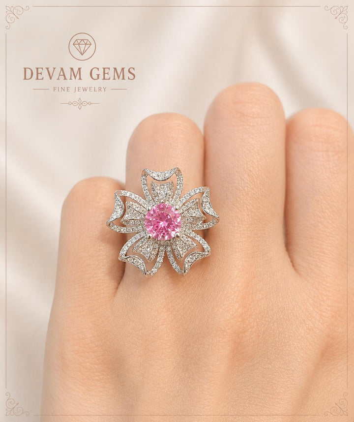 Blooming Pink daimond Floral Statement Ring | Devam Gems