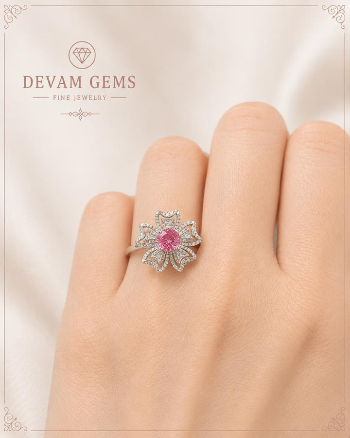 Elegant Pink Floral Diamond Halo Ring | Devam Gems