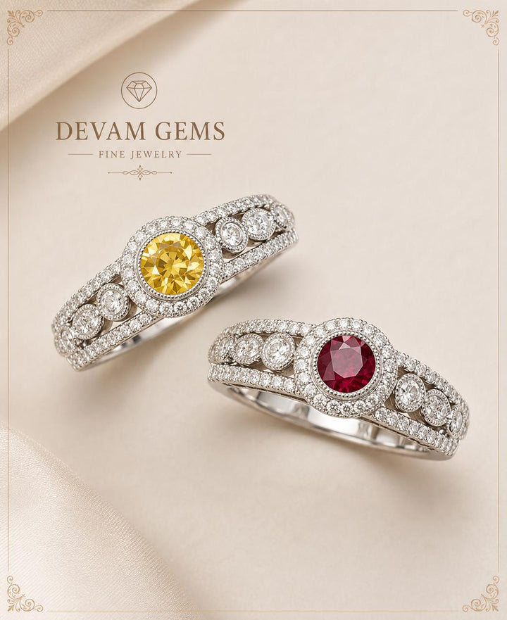 Vintage Halo lab grown daimond Ring Collection | Yellow & Ruby Red Rings by Devam Gems