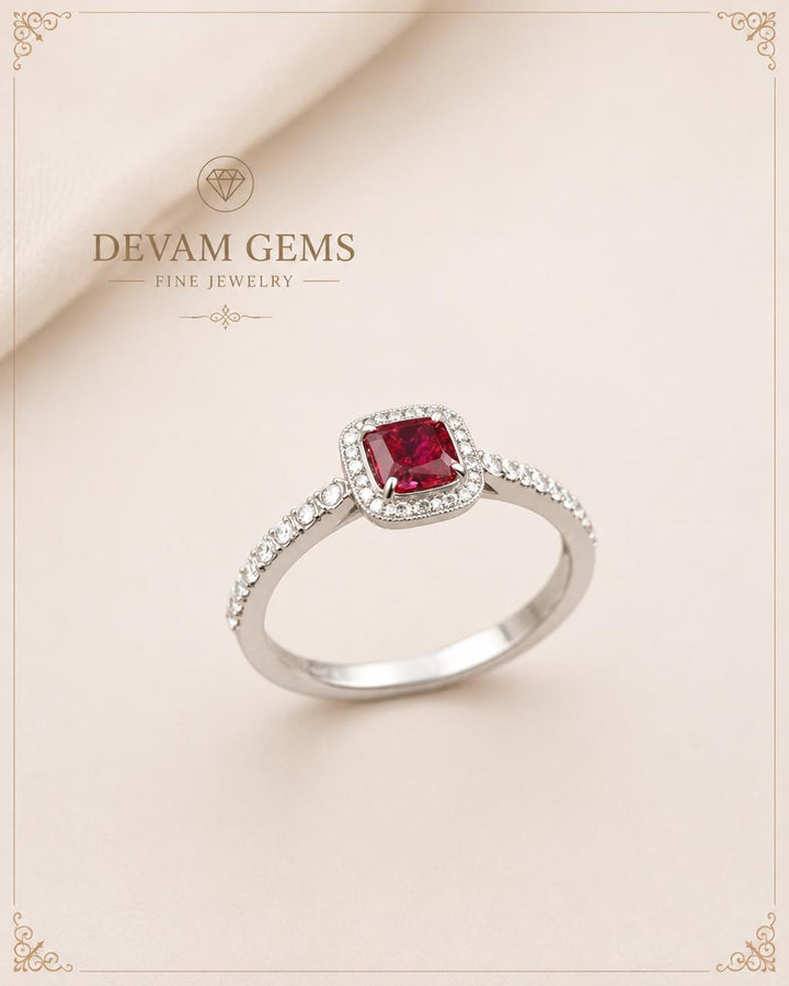 Radiant Ruby Halo Ring – Timeless Elegance in Every Sparkle