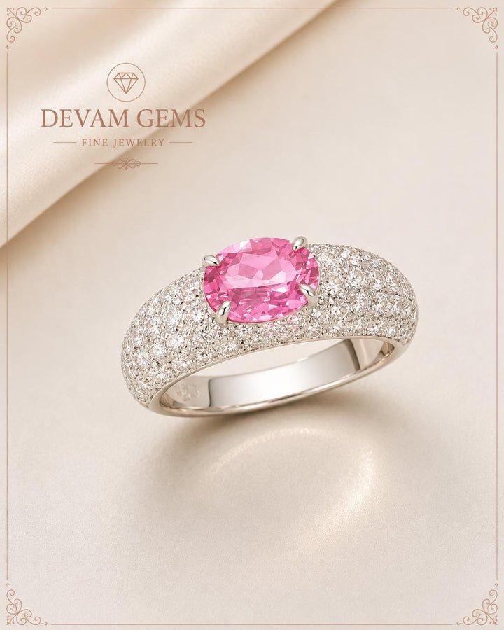 Blush Pink Oval Solitaire Ring – Pavé Diamond Luxury