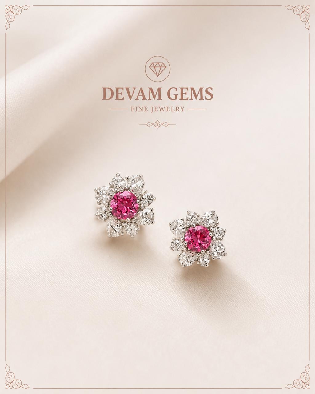 Pink Floral Diamond Stud Earrings |