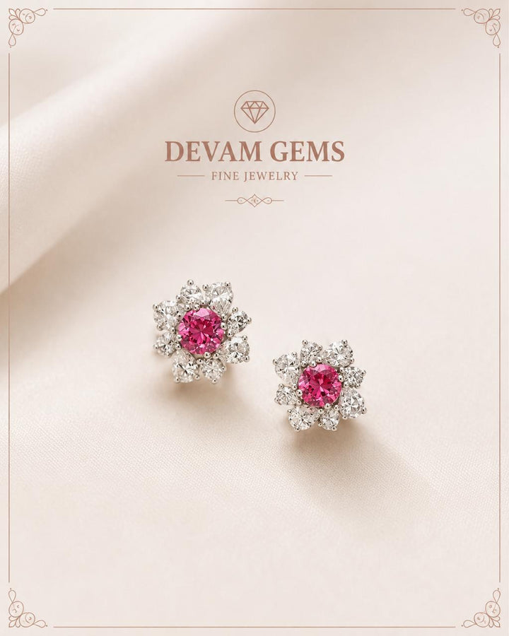 Pink Floral Diamond Stud Earrings |