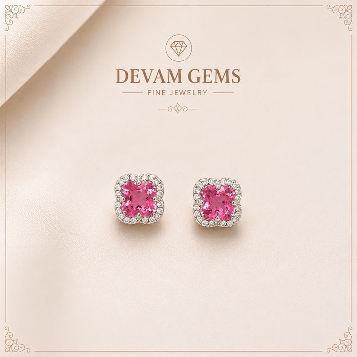 Pink Cushion-Cut Diamond Halo Stud Earrings | Elegant White Gold Earrings