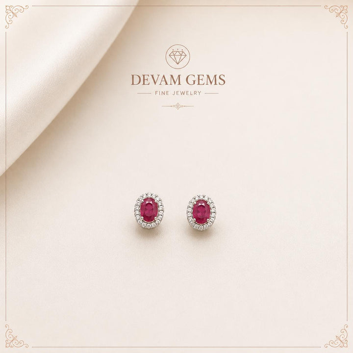 Oval Ruby Diamond Halo Stud Earrings | Classic White Gold Earrings