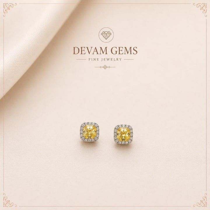 Yellow Cushion-Cut Diamond Halo Stud Earrings | Elegant White Gold Earrings