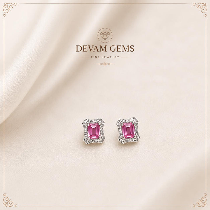 Elegant Pink Emerald-Cutlab grown daimond Stud Earrings