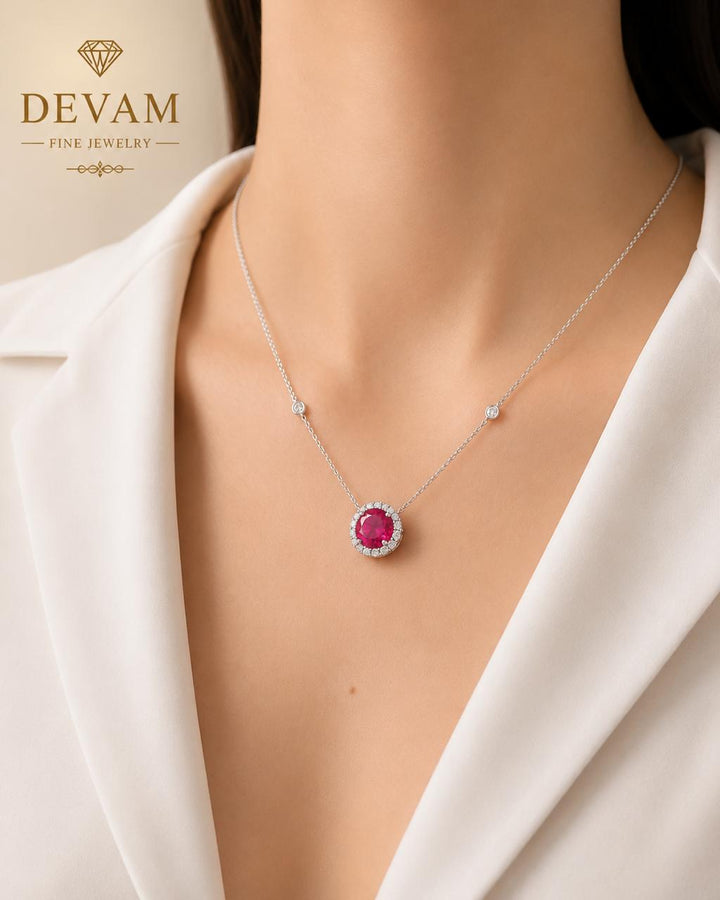 Ruby Halo Solitaire Pendant Necklace