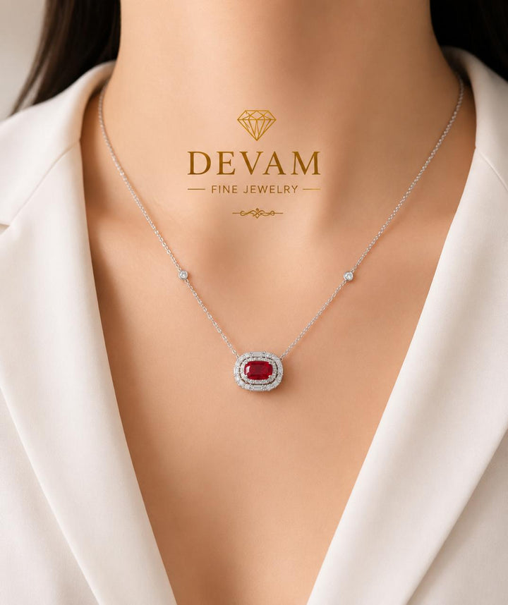 Radiant Ruby Halo Pendant Necklace