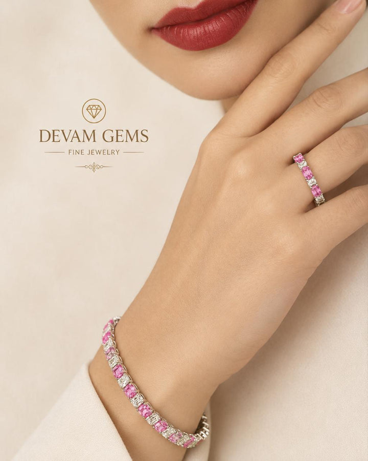 Pink Sapphire & Diamond Tennis Bracelet & Ring Set