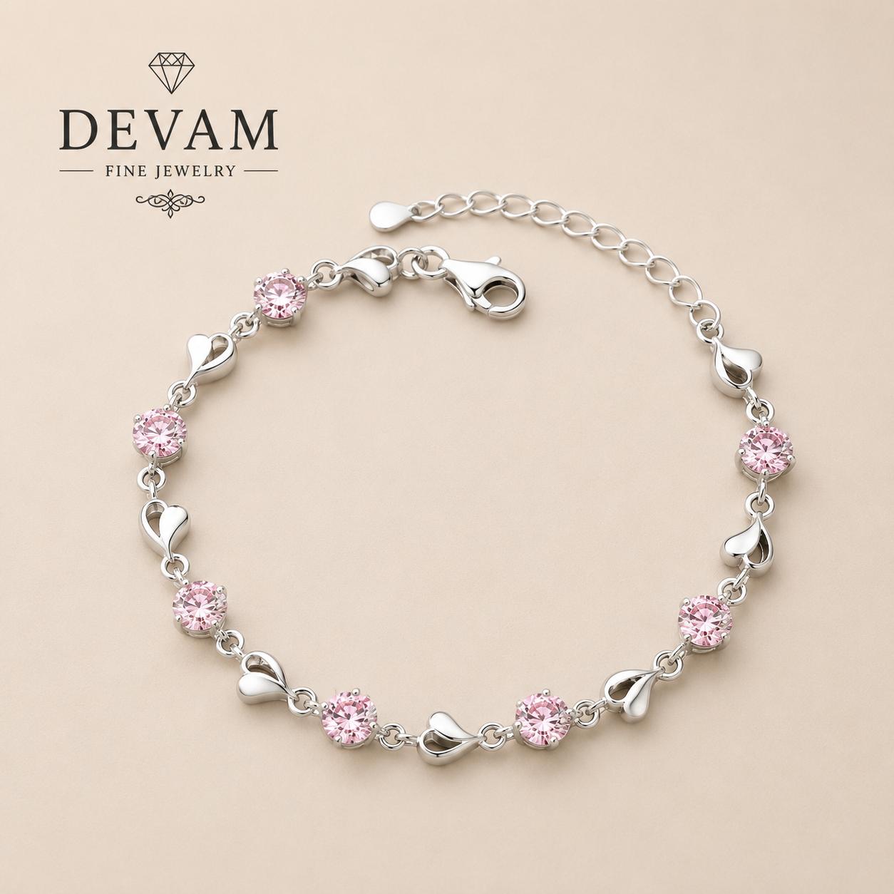 Devam Pink Heart Charm Bracelet – Sterling Silver Elegance