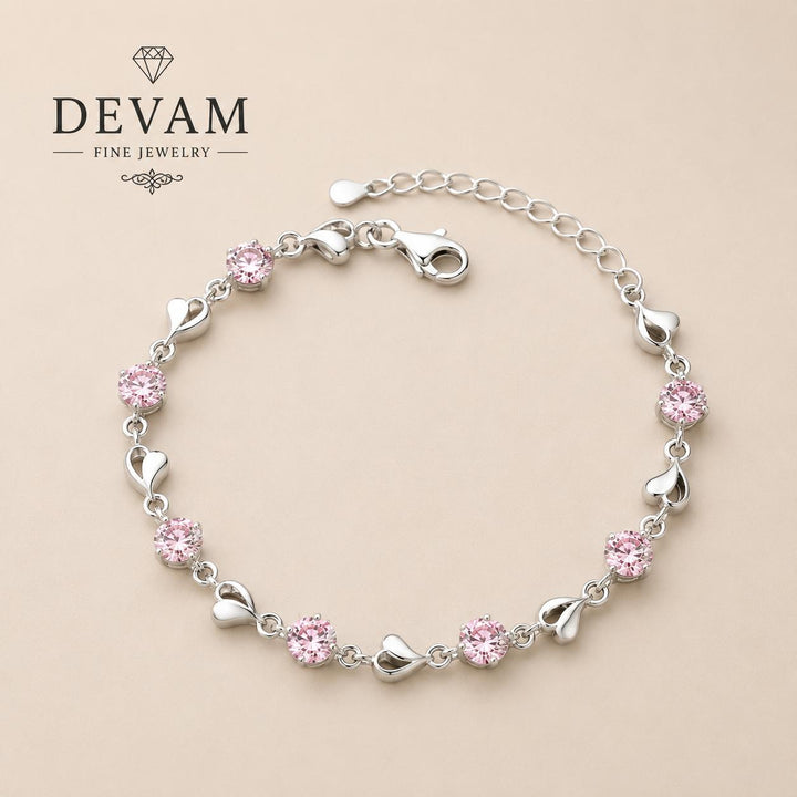 Devam Pink Heart Charm Bracelet – Sterling Silver Elegance