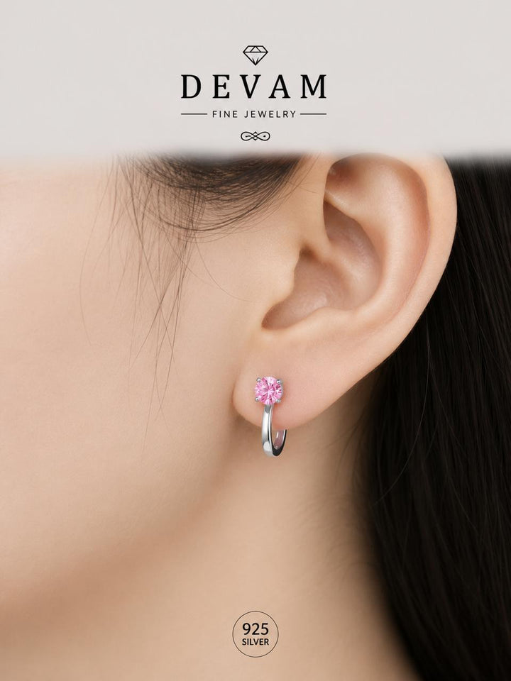 925 Sterling Silver Pink Crystal Huggie Hoop Earrings