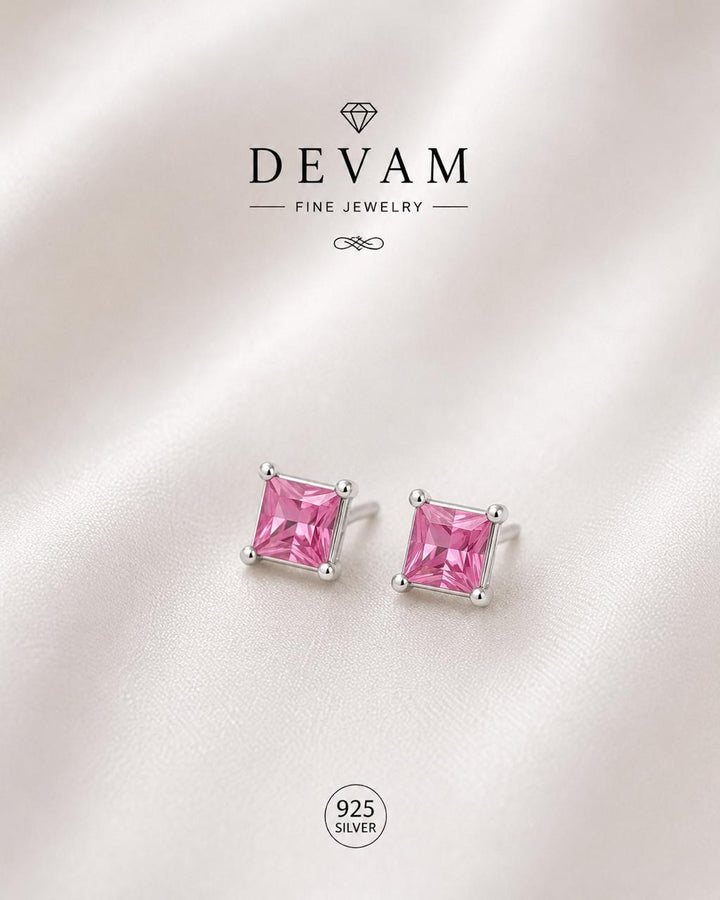 Pink Princess-Cut Stud Earrings for Women