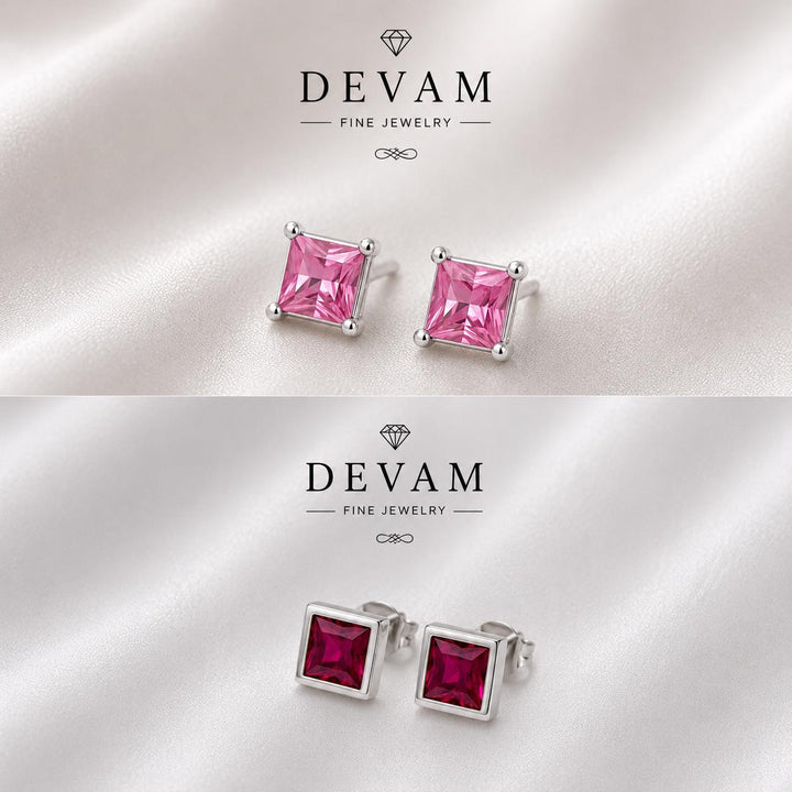 Pink Princess-Cut Stud Earrings , Red Princess-Cut Stud Earrings