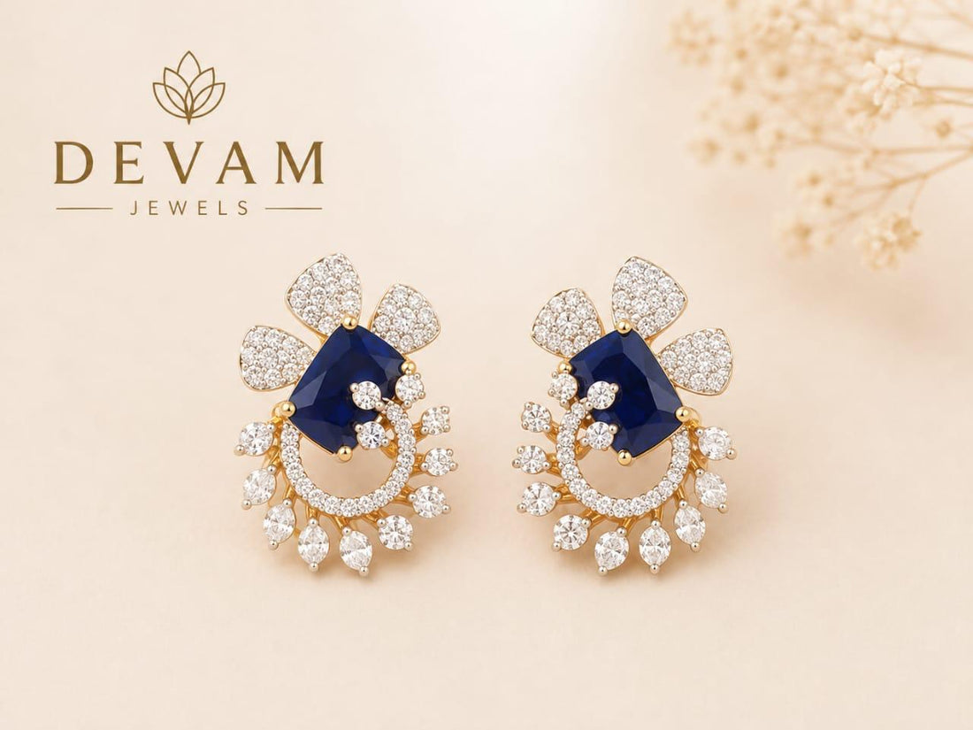 Elegant Blue Stone Floral Drop Earrings for Women