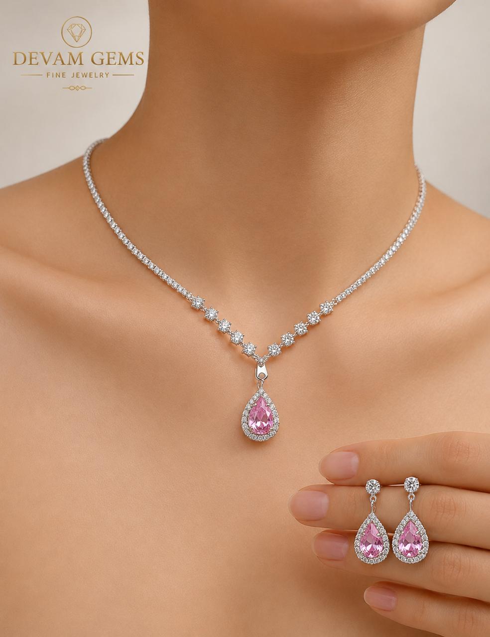 Elegant Pink Teardrop Crystal Necklace & Earrings Set