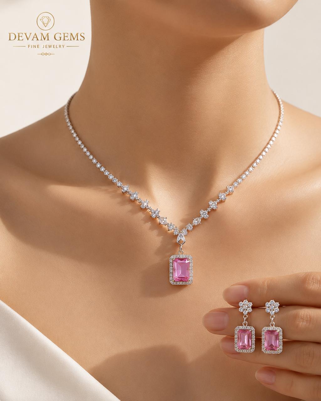 Elegant Pink Rectangle Crystal Necklace & Earrings