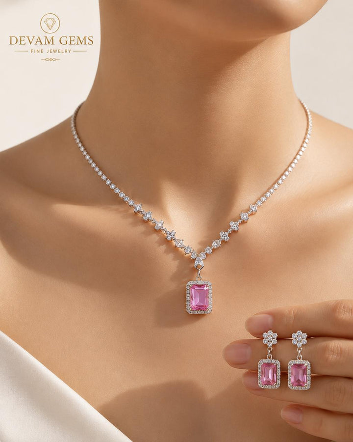 Elegant Pink Rectangle Crystal Necklace & Earrings